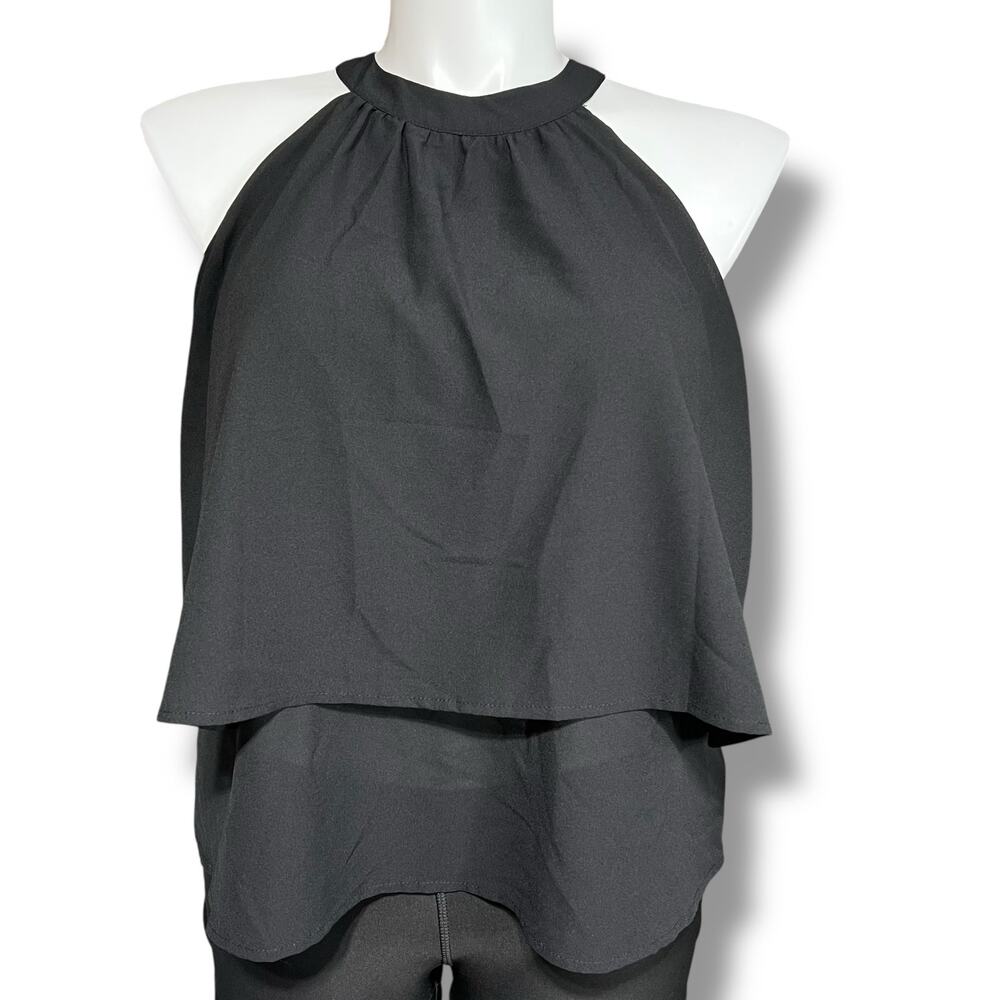 Paper Crane Womens Layered Blouse Shirt Halter Top Sleeveless Black Large